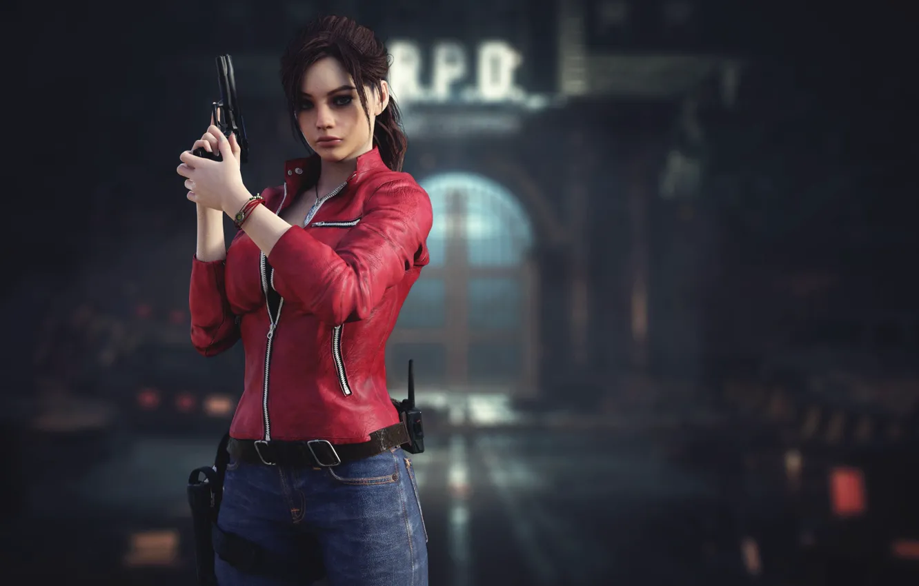 Фото обои девушка, пистолет, ворота, шатенка, симпатичная, Claire Redfield, Клэр Редфилд, Resident Evil 2 Remake