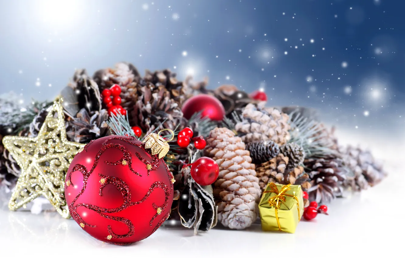Фото обои зима, украшения, подарок, шары, Новый Год, Рождество, star, balls