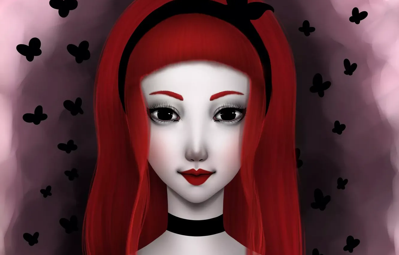 Фото обои бабочки, лицо, волосы, арт, девочка, красные, girl, art
