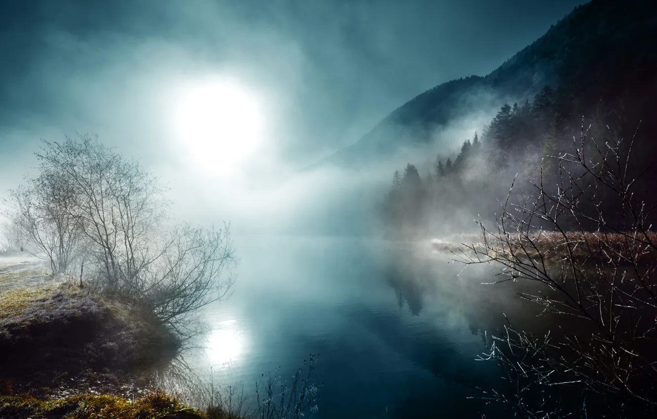Фото обои ночь, туман, река, луна