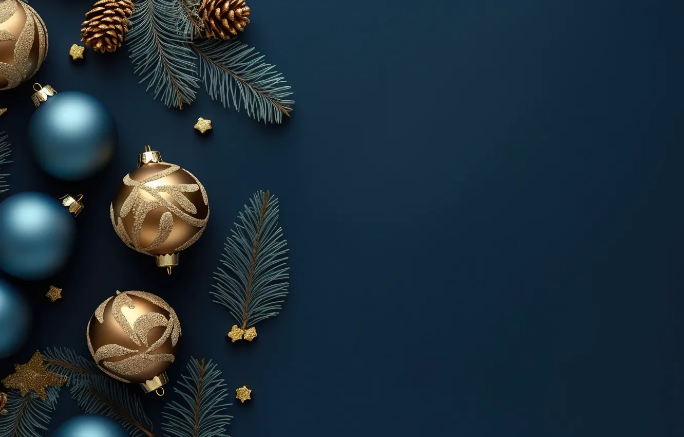 Фото обои украшения, темный фон, шары, Новый Год, Рождество, golden, new year, happy