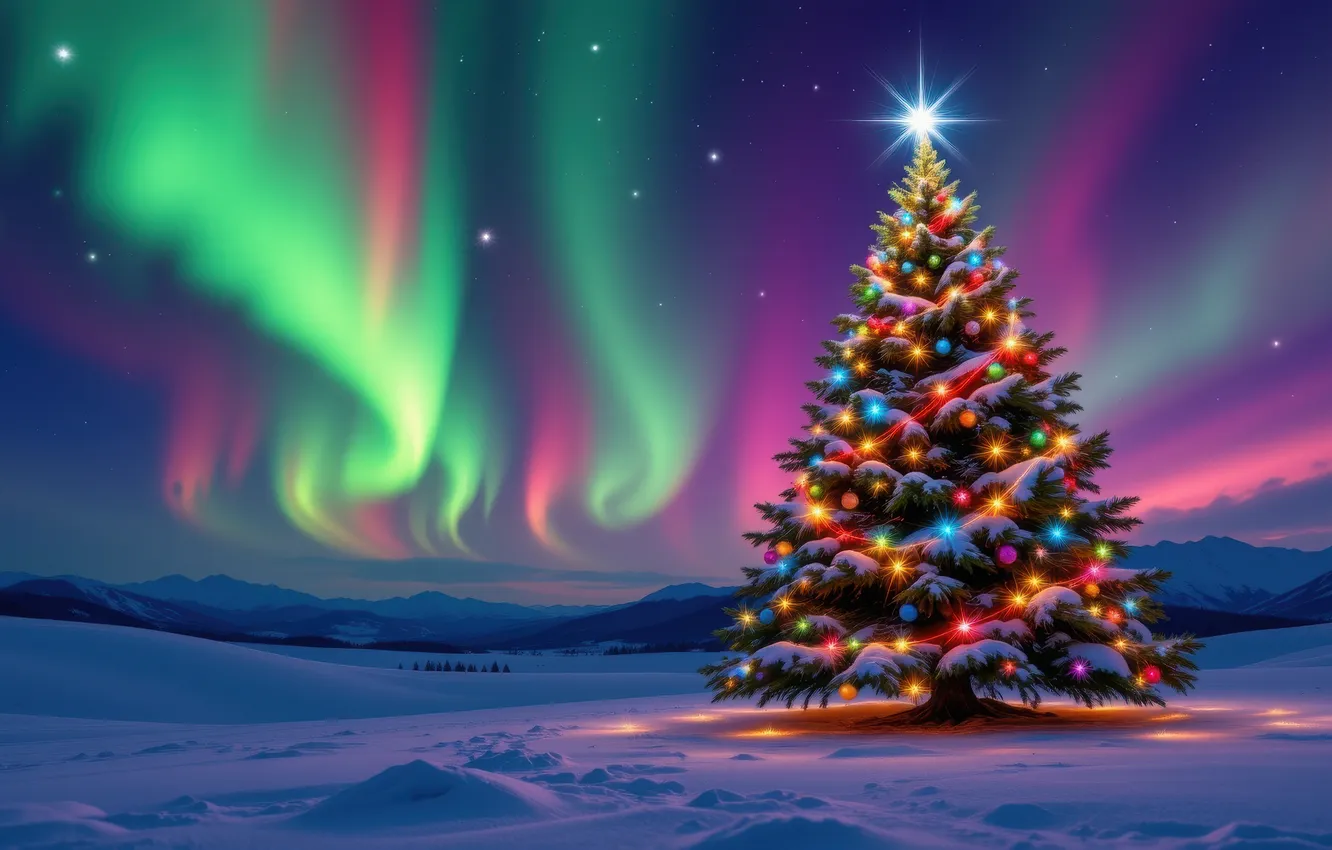 Фото обои зима, поле, звезды, шарики, снег, ночь, огни, новый год