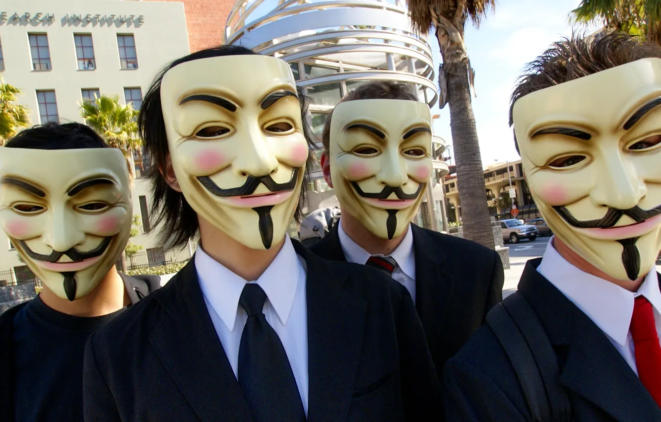 Фото обои маски, улыбки, группировка, Anonymous, хакеры