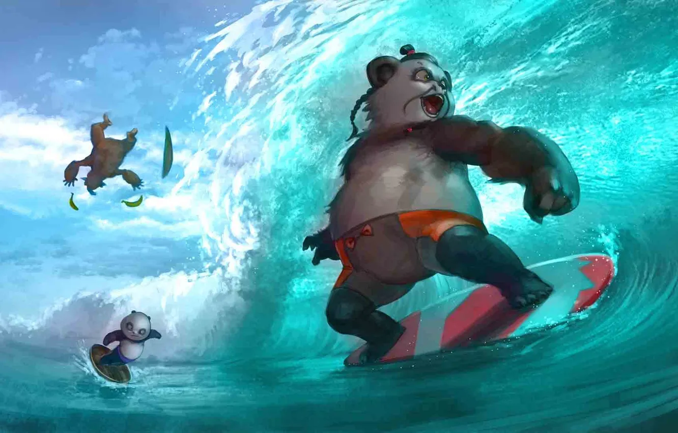 Фото обои фентези, океан, игра, волна, арт, панда, доска, World of Warcraft