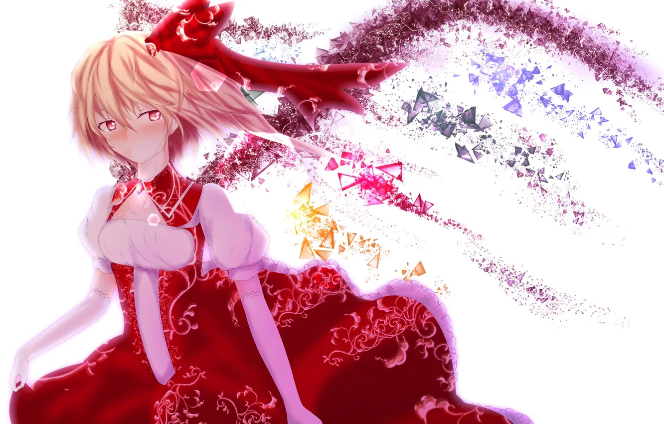 Фото обои девушка, осколки, улыбка, крылья, слезы, арт, бант, touhou