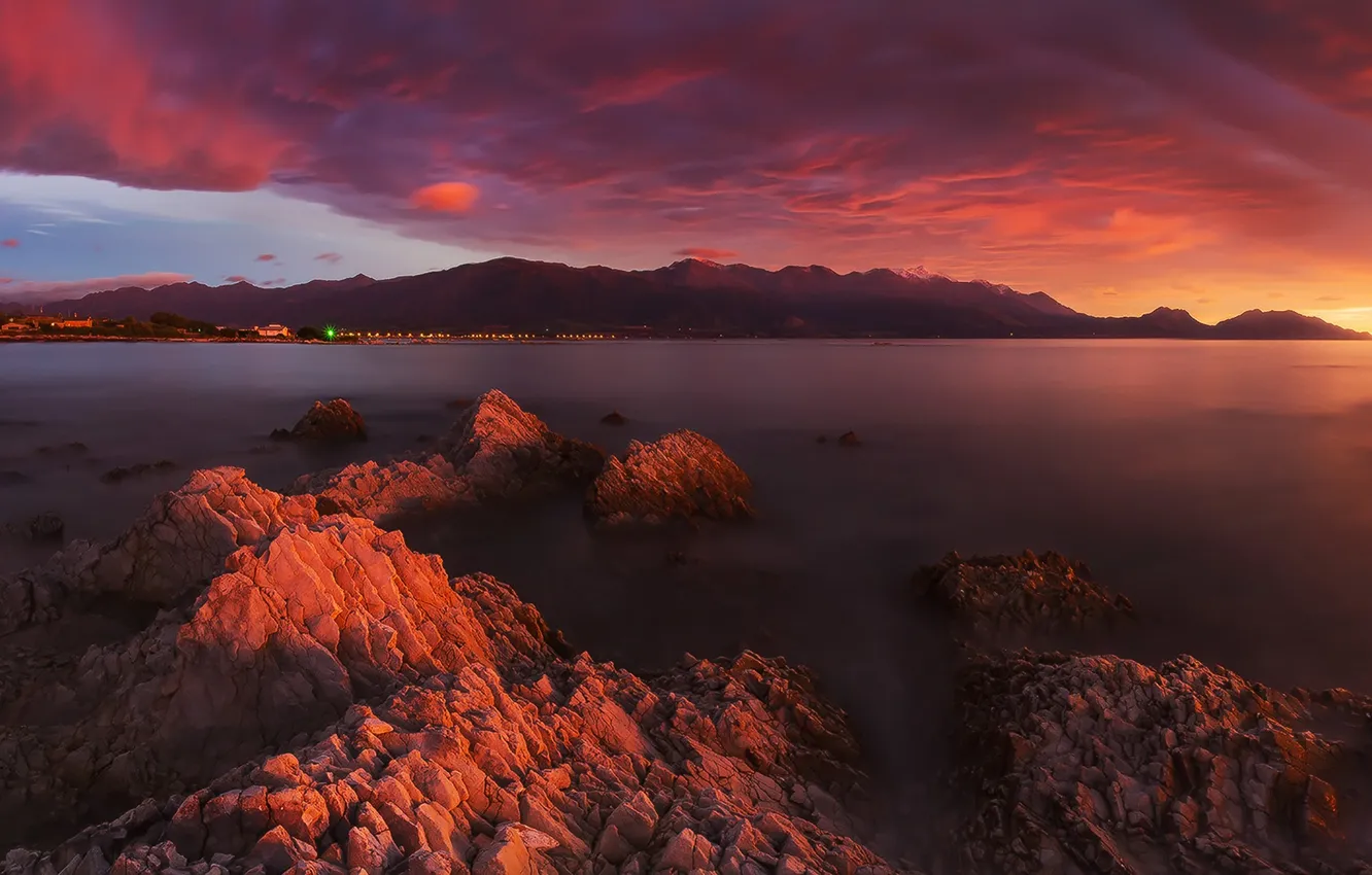 Фото обои Clouds, Landscape, New Zealand, Sunset, Dawn, Mountains, Seascape
