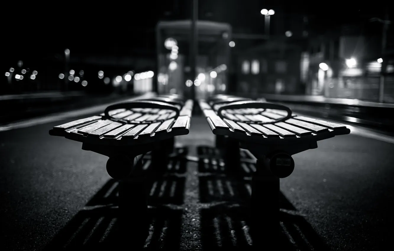 Фото обои light, bokeh, shadows, benches, grayscale