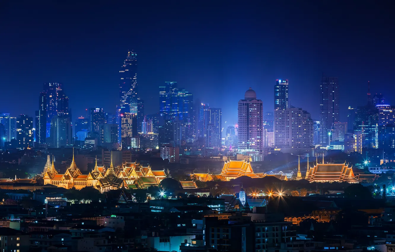 Фото обои ночь, город, огни, здания, дома, панорама, Thailand, небоскрёбы