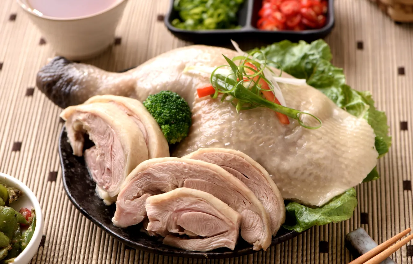 Фото обои зелень, курица, мясо, азиатская кухня