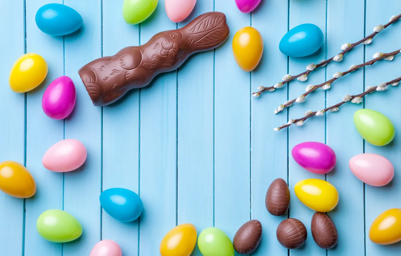 Фото обои шоколад, яйца, colorful, кролик, конфеты, Пасха, wood, верба