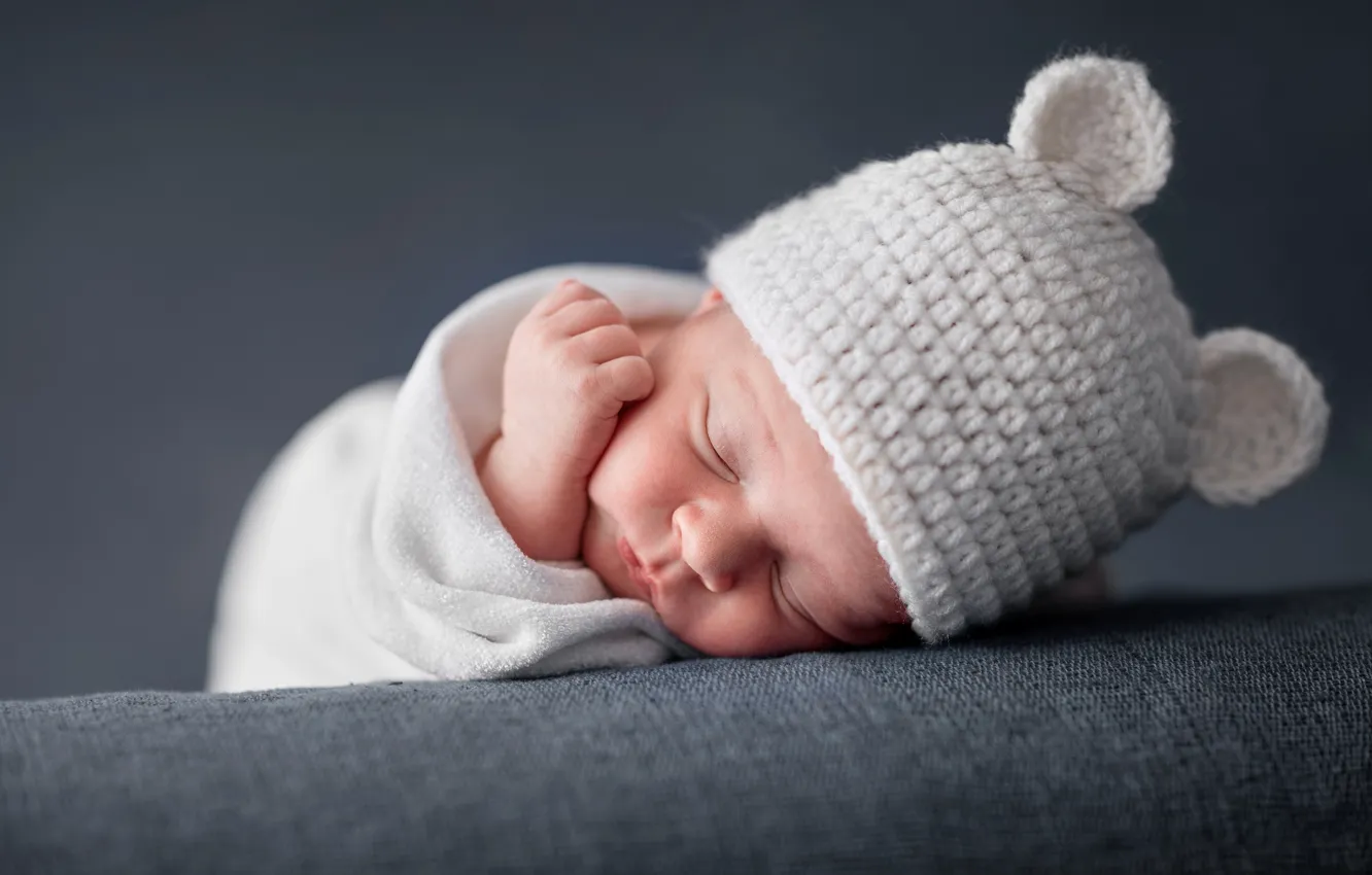 Фото обои ребенок, сон, малыш, одеяло, ушки, шапочка, младенец, cap