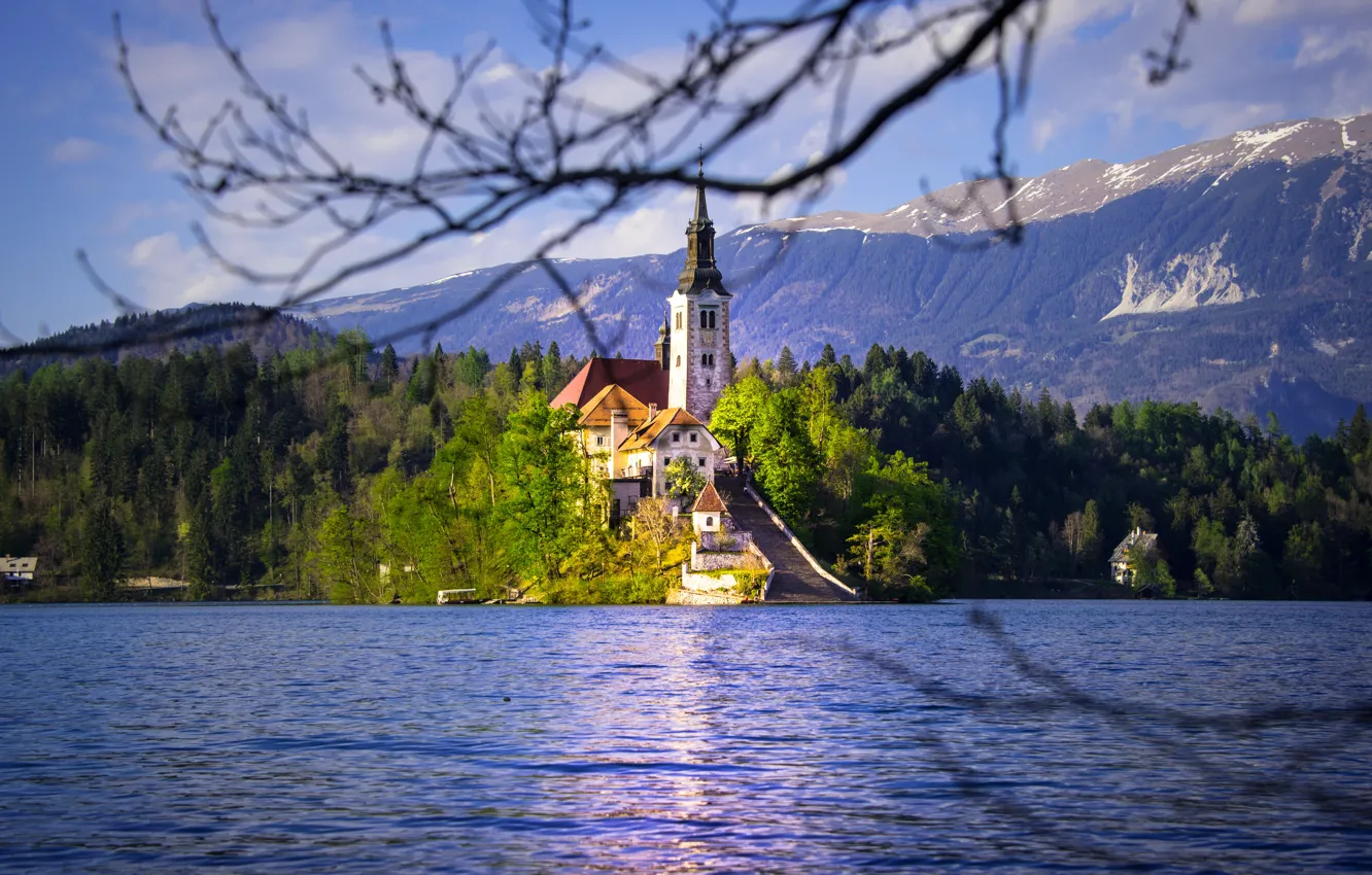 Фото обои горы, озеро, остров, церковь, Словения, Lake Bled, Slovenia, Бледское озеро