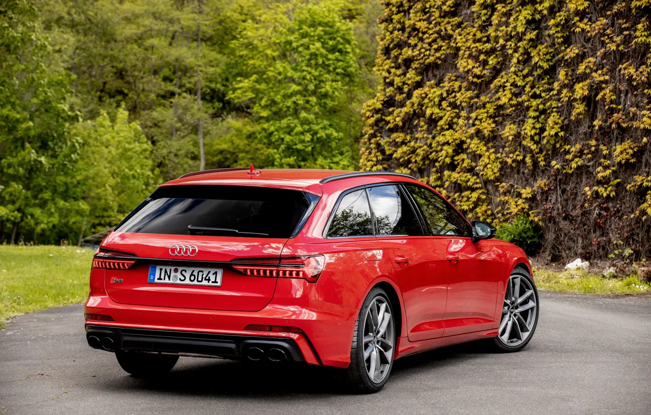 Фото обои красный, Audi, растительность, сзади, универсал, 2019, A6 Avant, S6 Avant