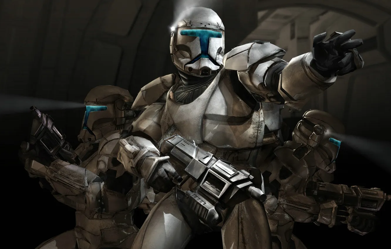 Фото обои оружие, войны, Star Wars, автомат, фонарик, шлем, броня, Republic Commando