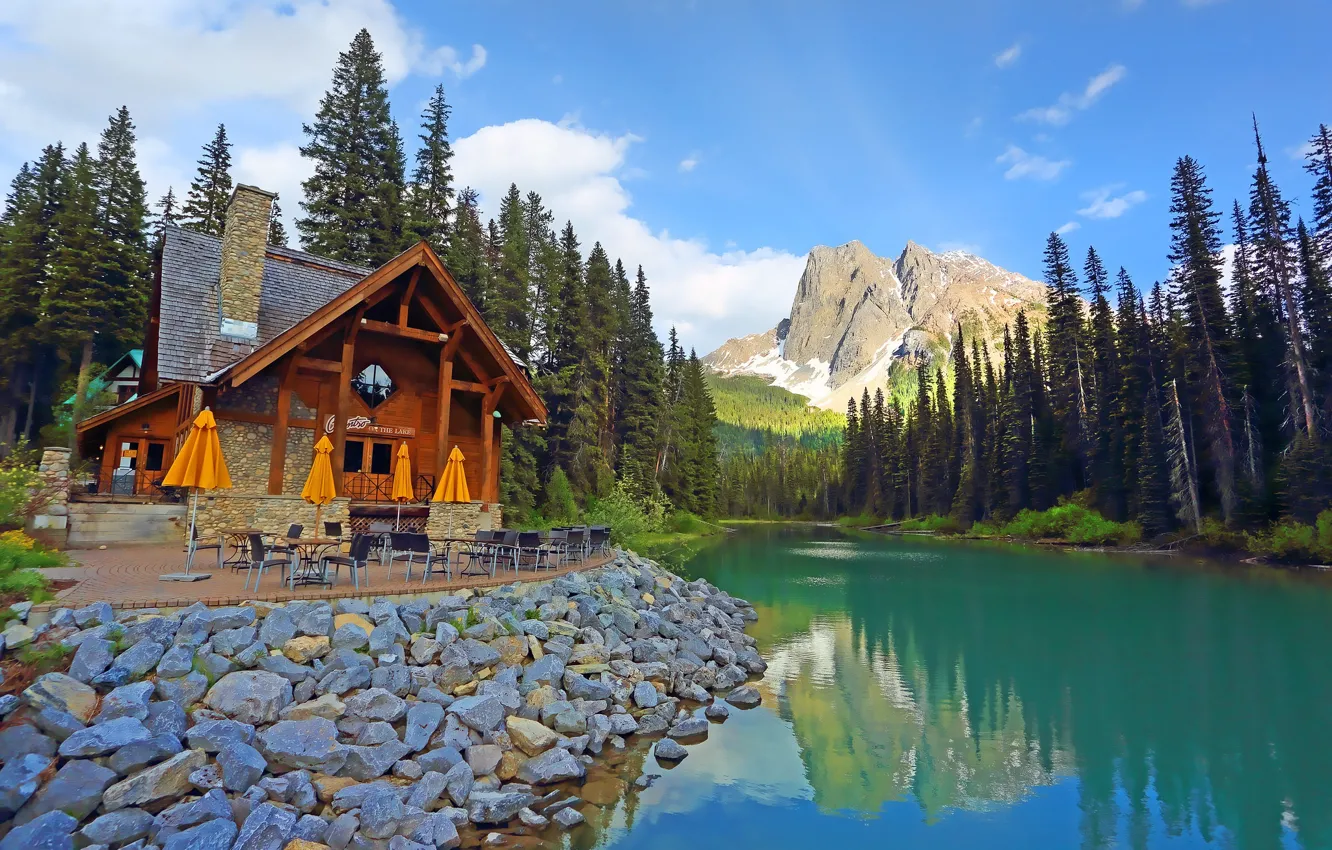 Фото обои лес, деревья, горы, озеро, Канада, ресторан, домик, Canada