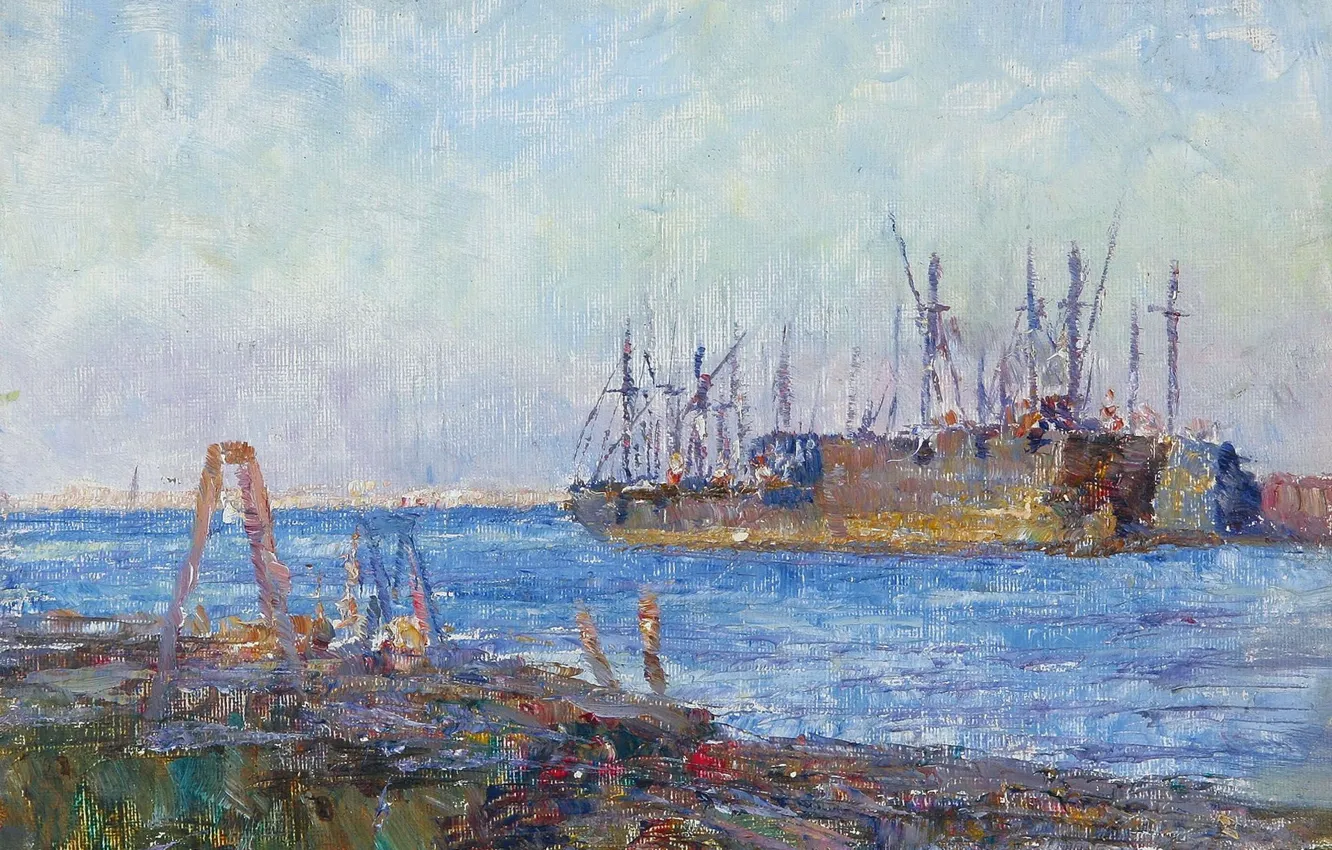 Фото обои корабль, картина, морской пейзаж, Frederick McCubbin, Фредерик Мак-Каббин, Броненосец в Гавани
