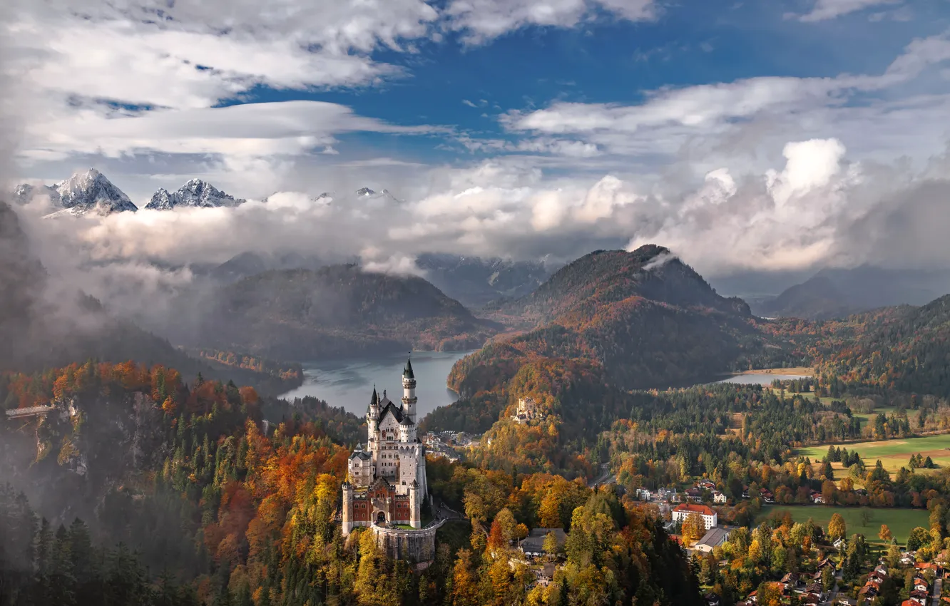 Фото обои осень, небо, облака, деревья, горы, озеро, замок, Германия