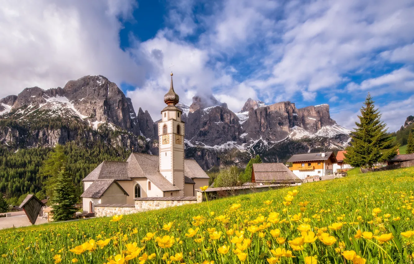 Фото обои горы, Италия, церковь, Доломитовые Альпы
