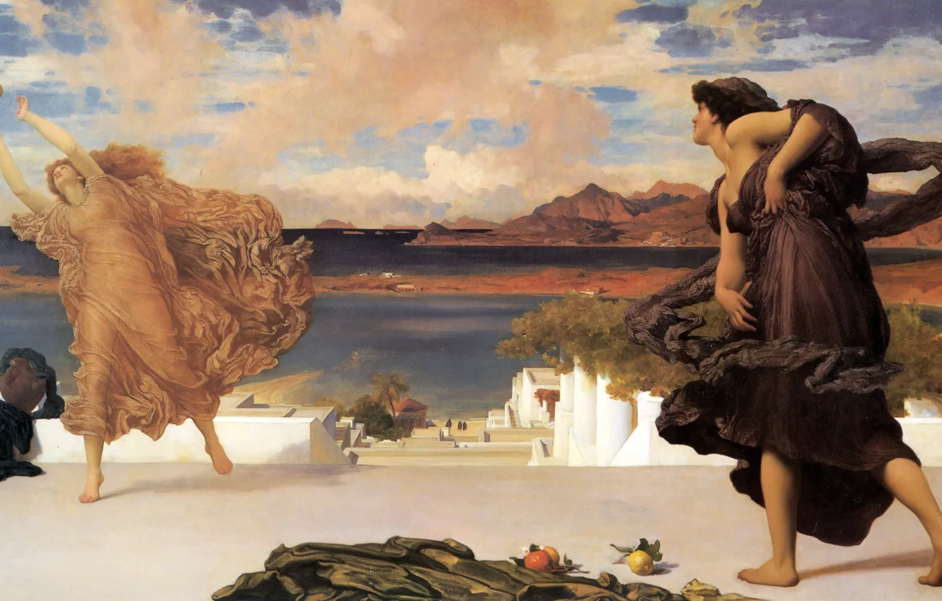 Фото обои море, облака, горы, фрукты, мячик, античность, Frederic Leighton, Greek Girls Playing at Ball