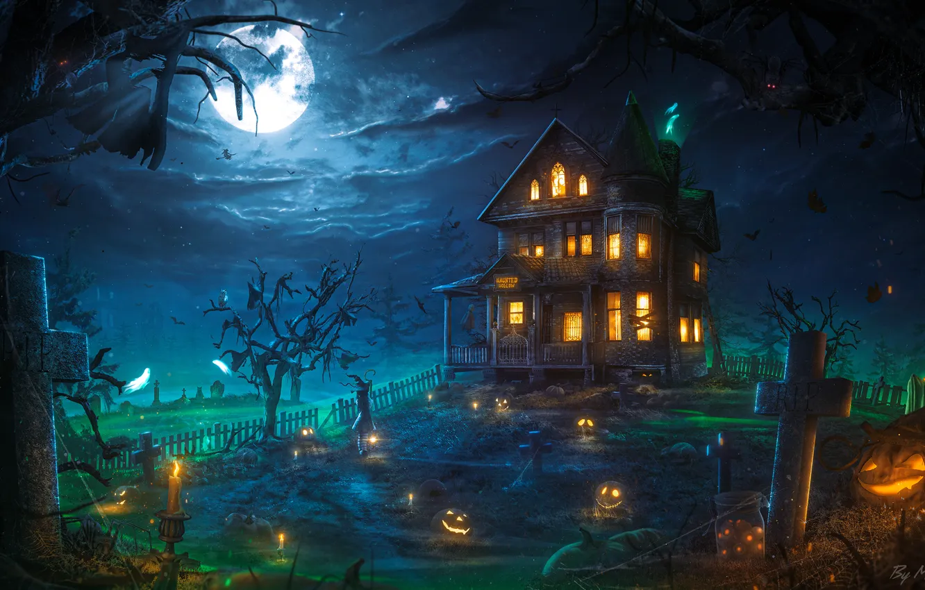 Фото обои Halloween, Halloween pumpkins, Illuminated, Aesthetic, Haunted, Celebrations, Halloween house, Haunted Mansion