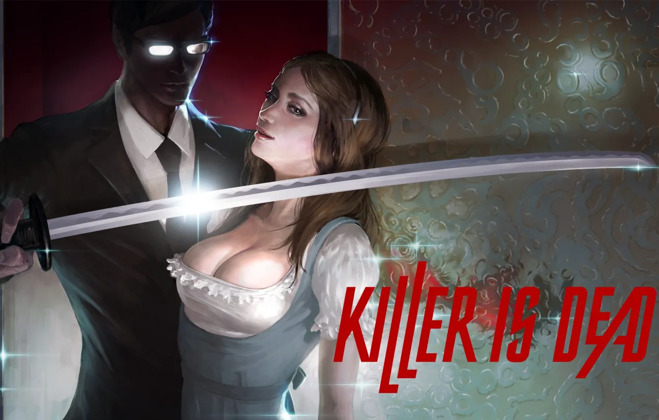 Фото обои надпись, катана, киллер, красная, Killer is dead, заложница