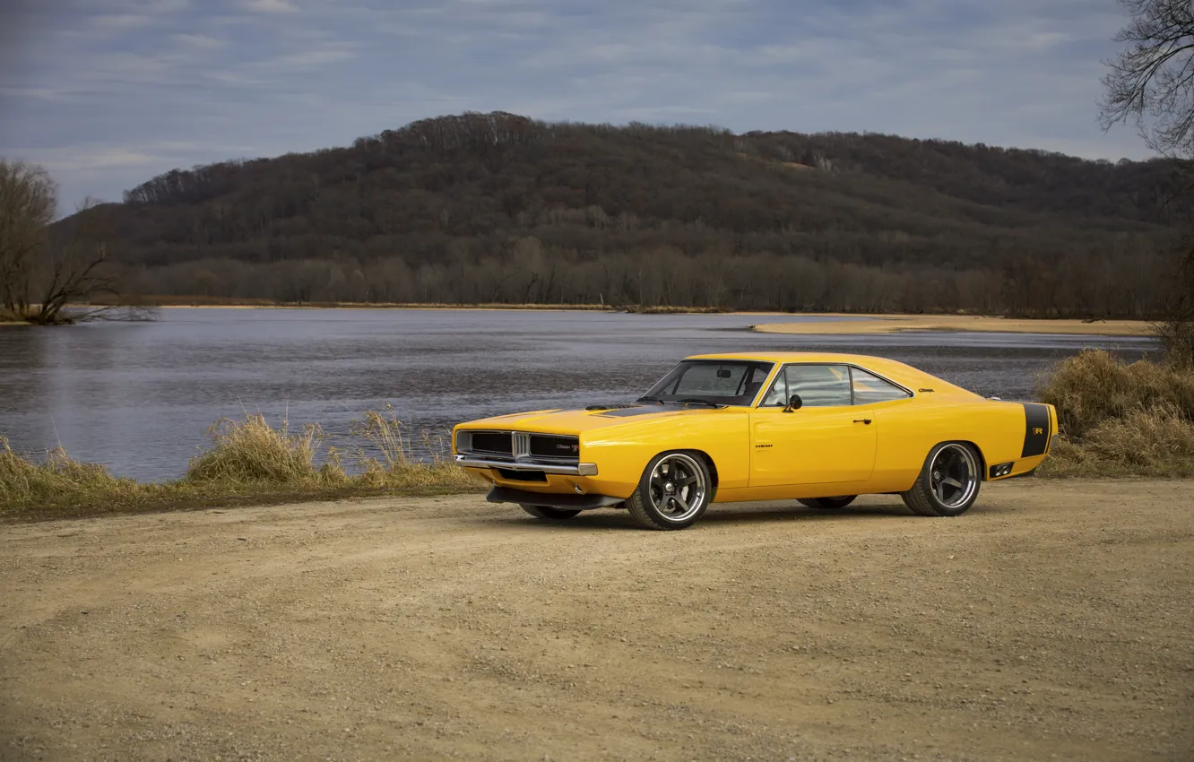 Фото обои 1969, Dodge, Front, Charger, Mountain, Yellow, Side, Dodge Charger