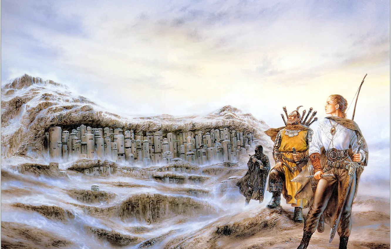 Фото обои девушка, город, арт, ниндзя, Luis Royo, орк