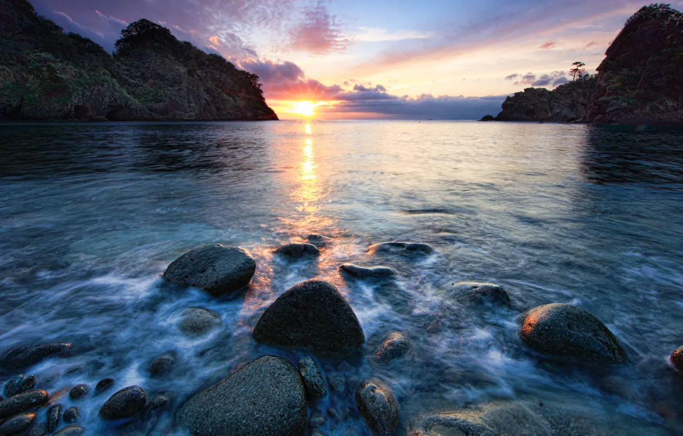 Фото обои море, пейзаж, закат, камни, скалы, вечер, обои от lolita777