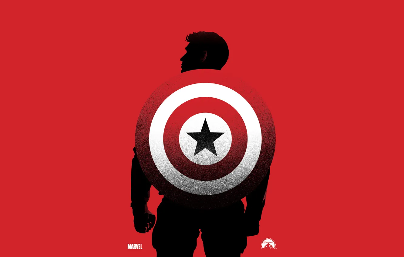 Фото обои красный, фон, силуэт, щит, marvel, комикс, Captain America, Первый мститель