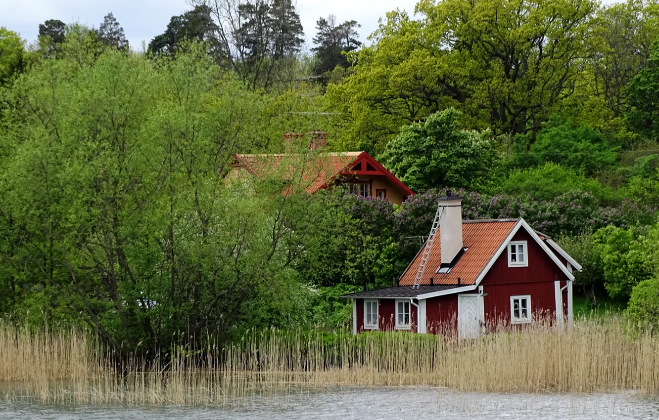 Фото обои озеро, дом, house, Швеция, Sweden, lake