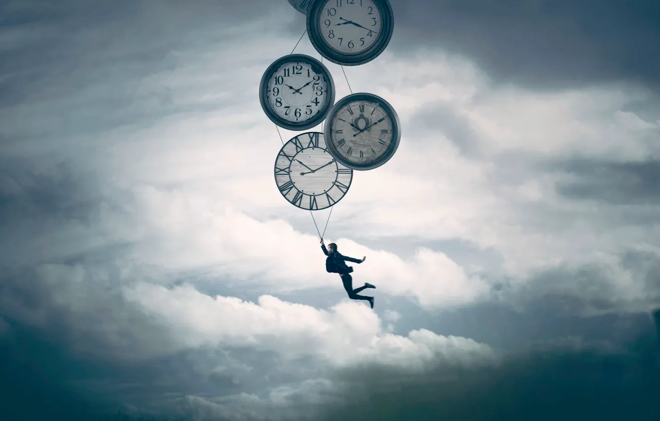 Фото обои небо, часы, человек, полёт, Time Machine, Vincent Bourilhon