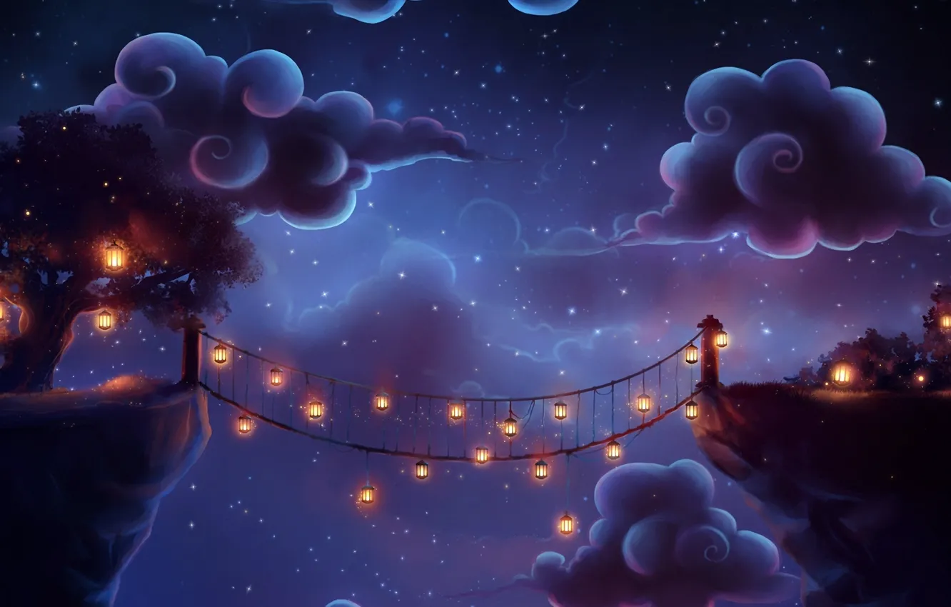Фото обои облака, ночь, мост, дерево, арт, фонари, trenchmaker