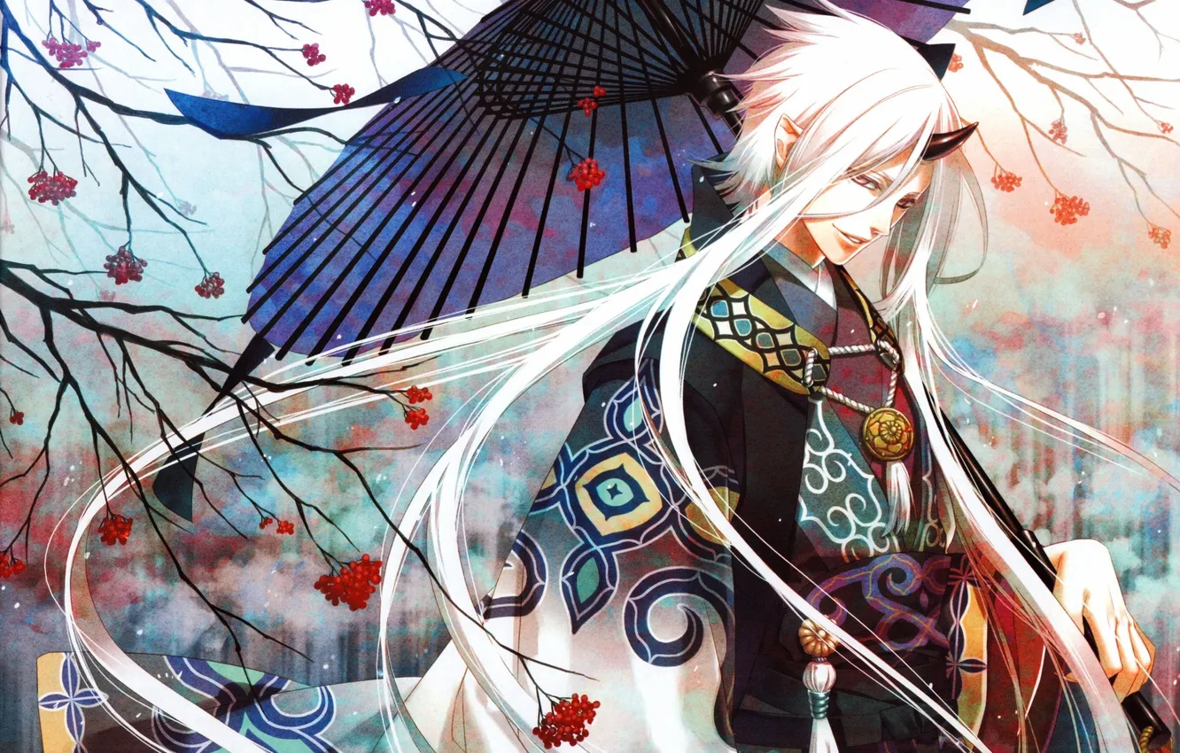 Фото обои зонт, аниме, демон, белые волосы, кимано