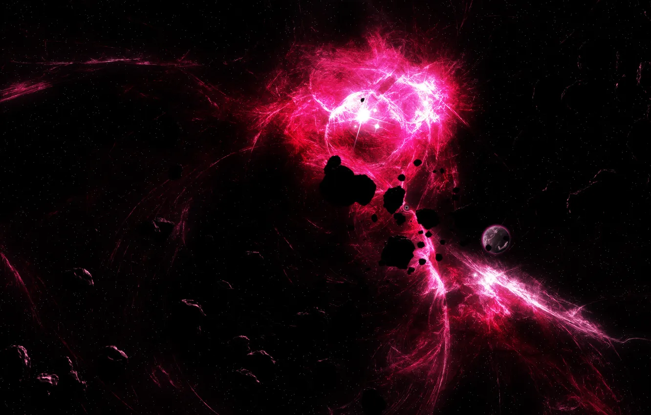 Фото обои энергия, взрыв, планета, вспышка, астероиды