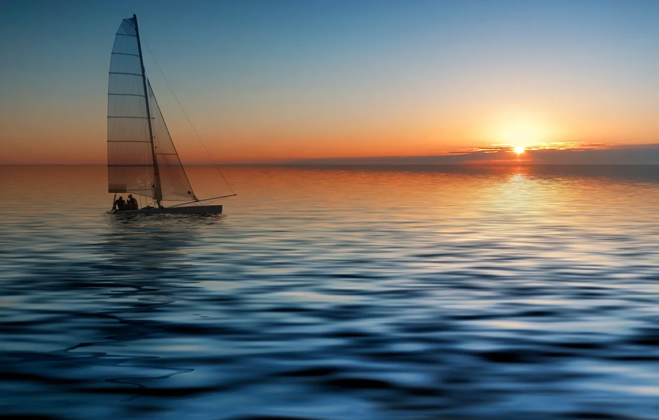 Фото обои sky, sea, landscape, nature, sunset, sun, Boat, sailing