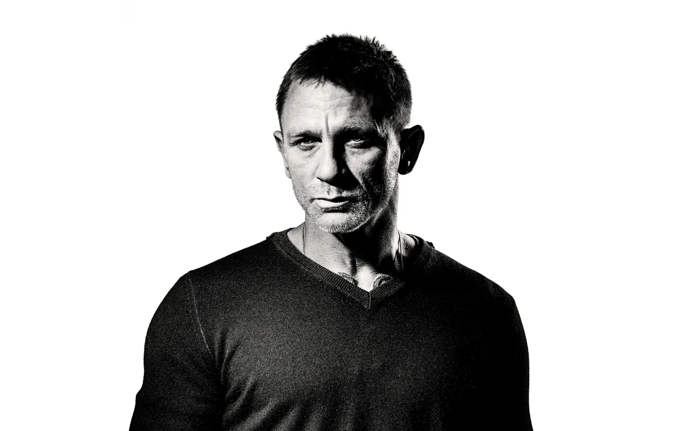 Фото обои портрет, белый фон, черно-белое, актёр, Джеймс Бонд, Daniel Craig, 007, James Bond