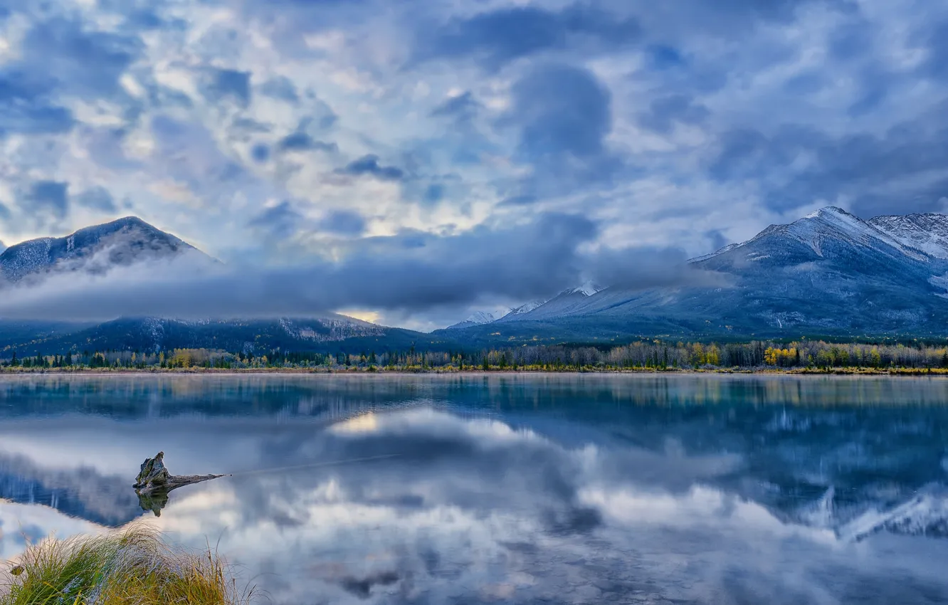 Фото обои лес, облака, горы, озеро, отражение, голубое