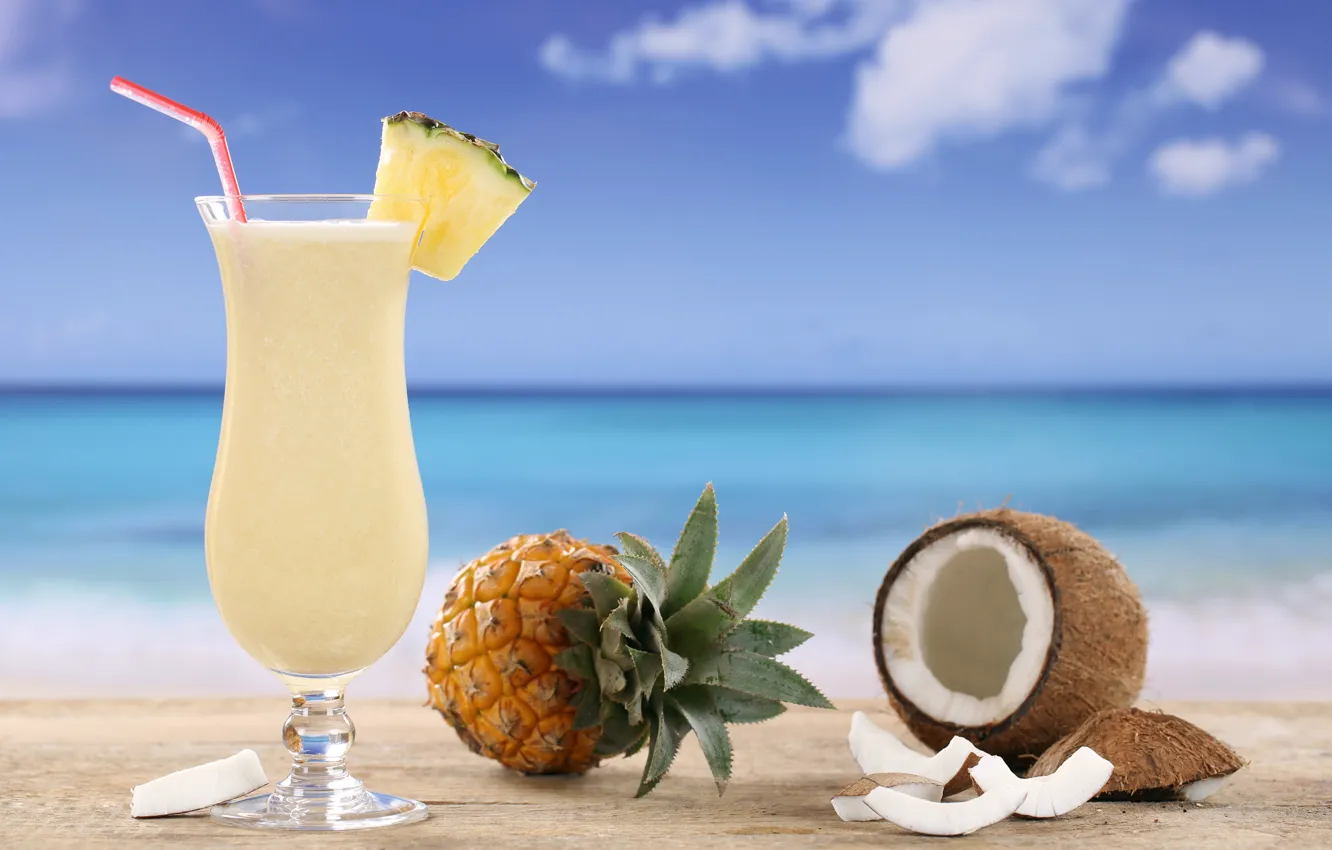 Фото обои кокос, коктейль, ананас, пина-колада