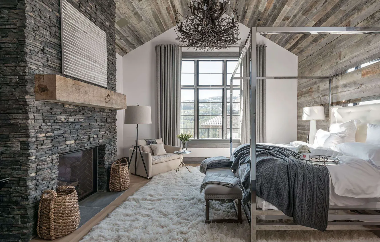 Фото обои комната, интерьер, камин, спальня, Hillside Residence