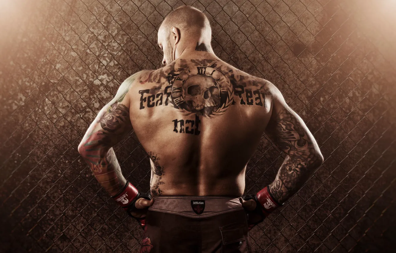 Фото обои сетка, спина, татуировка, мужчина, борцы, mma, mixed martial arts, смешанные боевые искусства