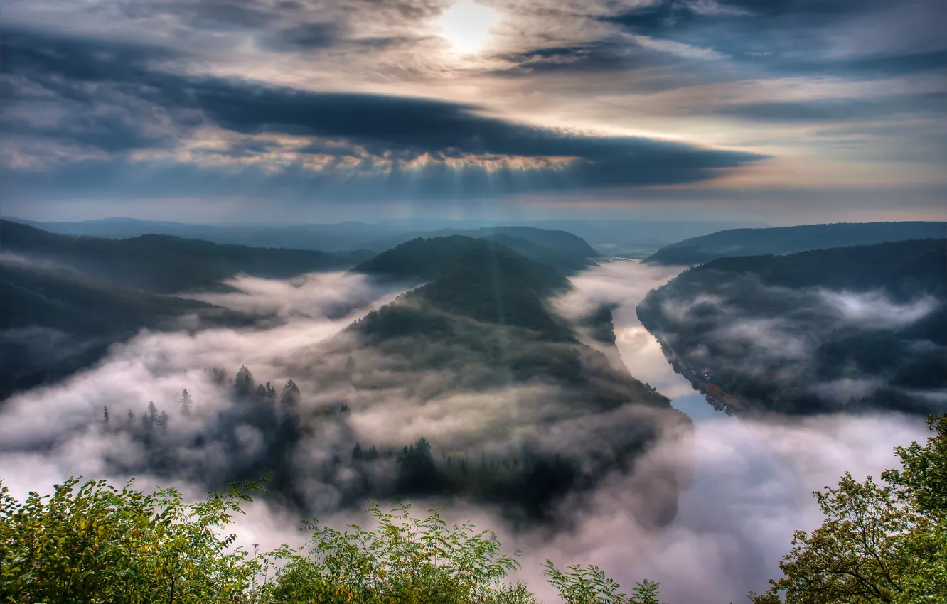 Фото обои небо, туман, река, германия, Саар
