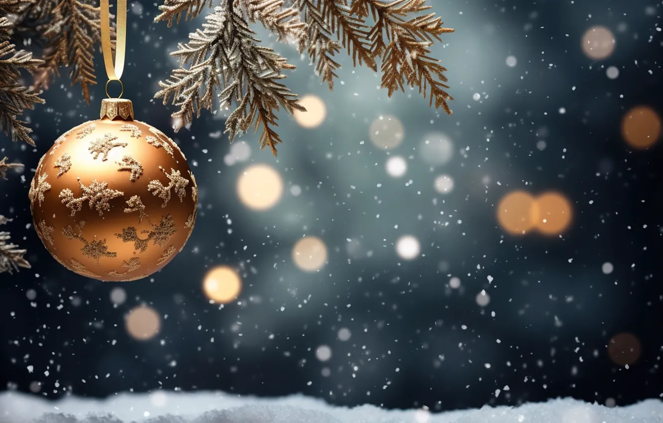 Фото обои зима, снег, украшения, шар, Новый Год, Рождество, golden, new year