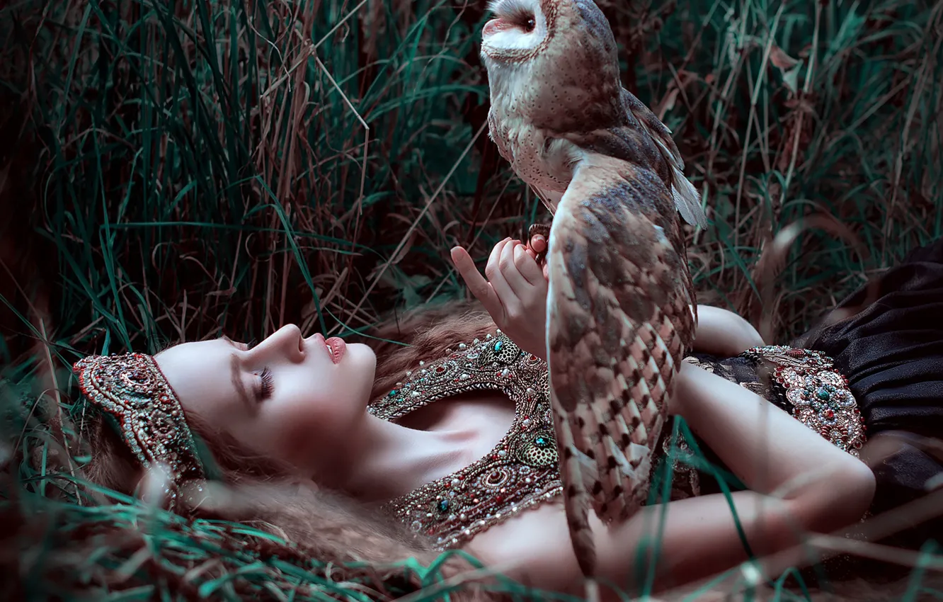 Фото обои трава, девушка, украшения, сова, птица, by Мария Липина, Оля Криушина