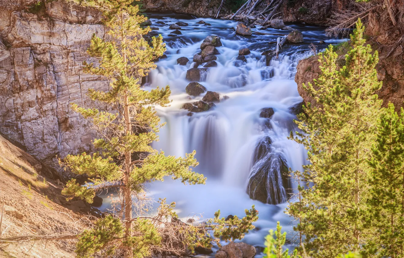 Фото обои деревья, камни, скалы, водопад, Вайоминг, Wyoming, Yellowstone National Park, Йеллоустон