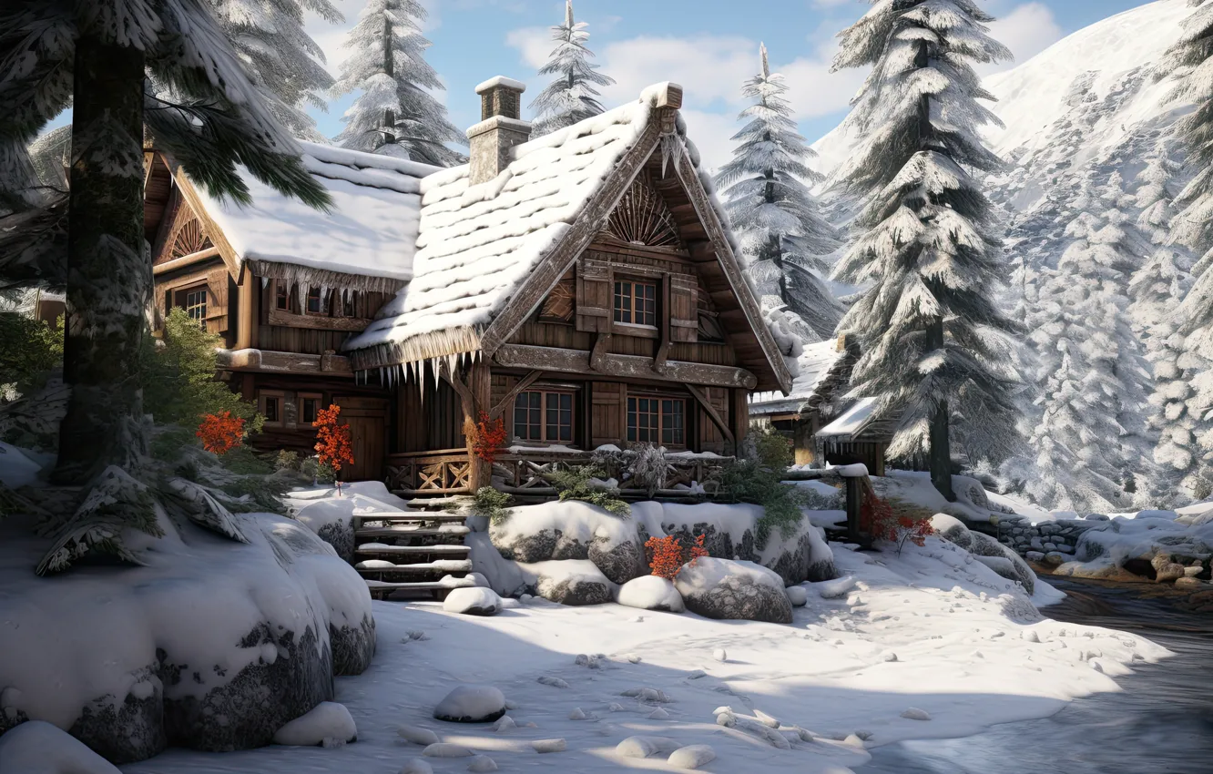 Фото обои зима, лес, снег, дом, Рождество, Новый год, домик, хижина