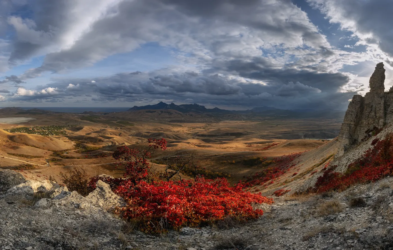 Фото обои облака, пейзаж, горы, природа, скалы, растительность, Крым, Демерджи