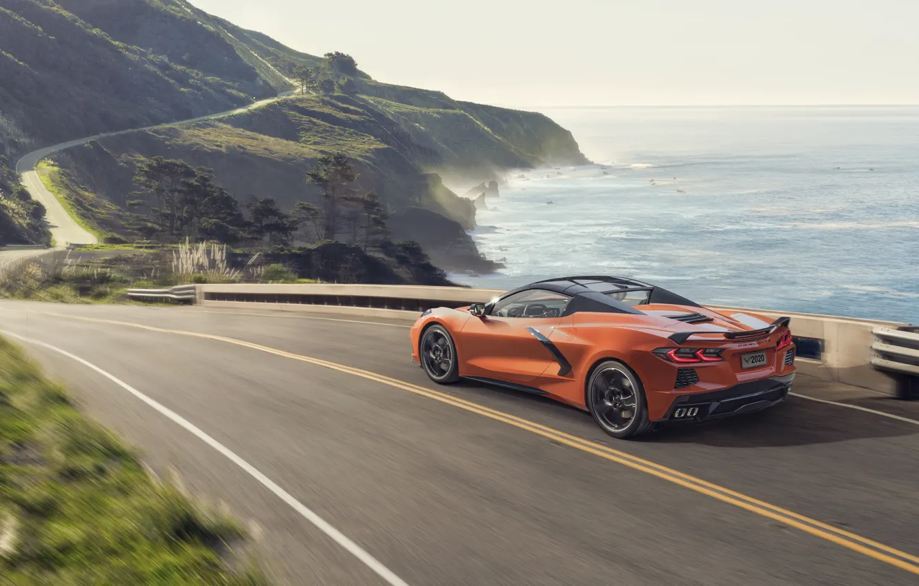 Фото обои машина, вода, движение, Chevrolet, спорткар, convertible, Stingray, Corvette C8