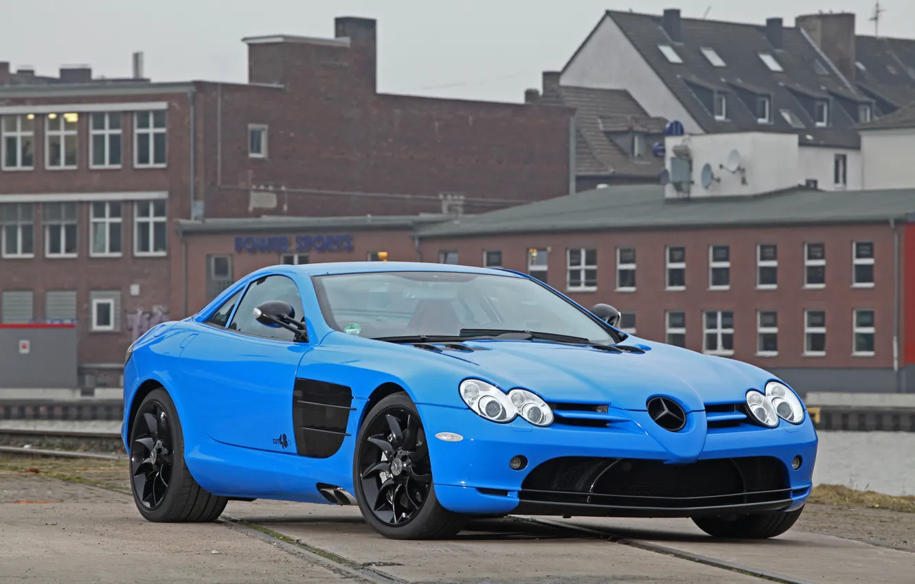 Фото обои голубой, здание, McLaren, Mercedes, blue, building, slr, мереседес