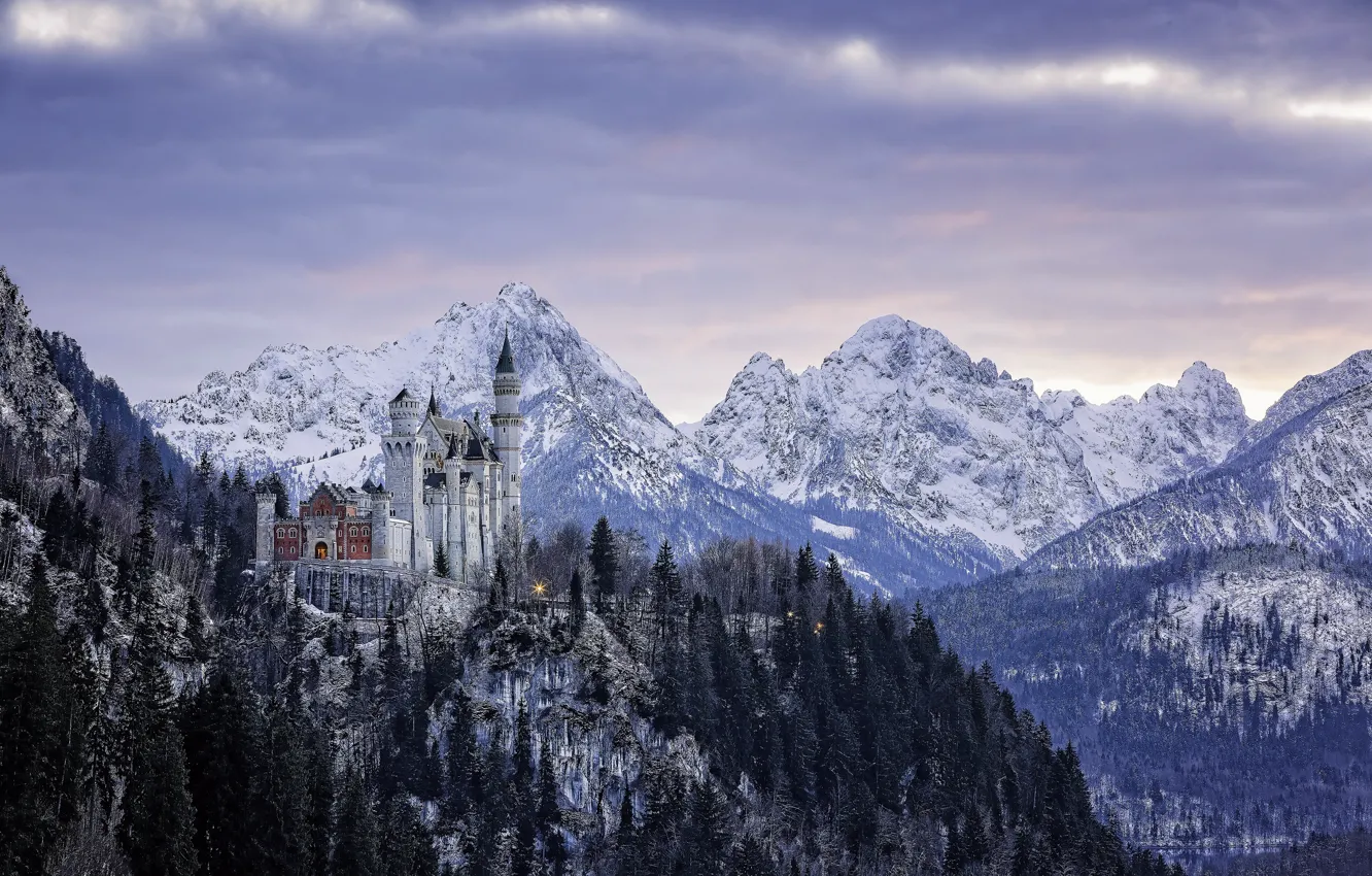 Фото обои зима, горы, замок, Германия, Бавария, панорама, Germany, Bavaria