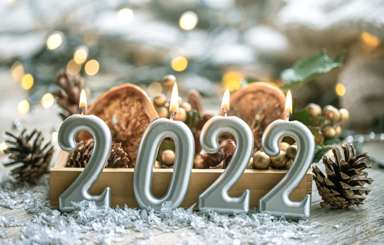 Фото обои свечи, Рождество, цифры, Новый год, шишки, декорация, 2022